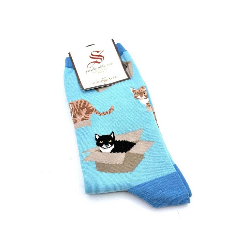 Socksmith Women's Crew Socks‎ Cat in a Box Kittens Kitty Sock Novelty Blue NEW